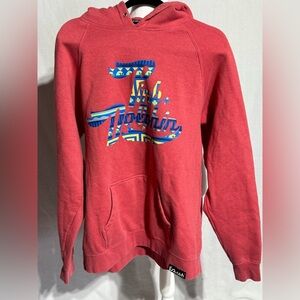 Pink Dolphin Red Hoodie with Blue and Yellow Accents